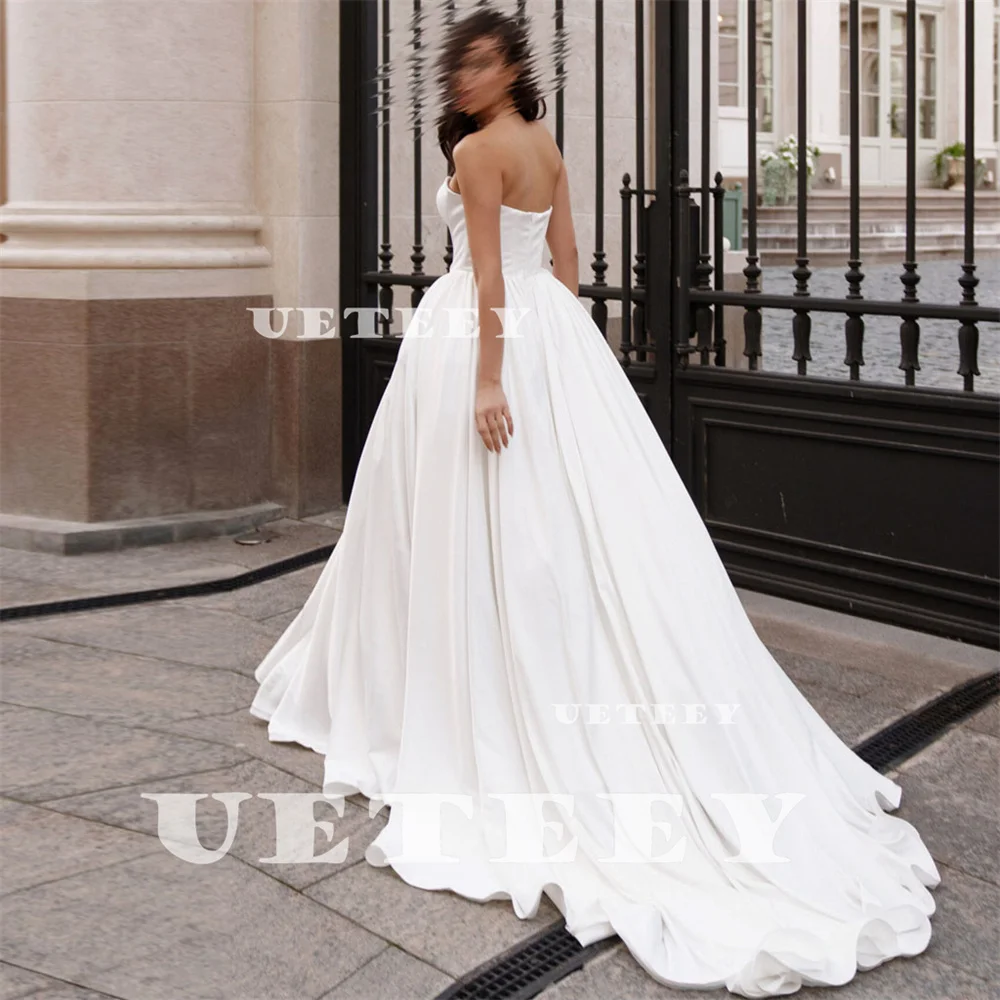 UETEEY Customized Simple Sweetheart Strapless Crepe Wedding Dress A Line Zipper Back Floor Length Court Train Bridal Gown