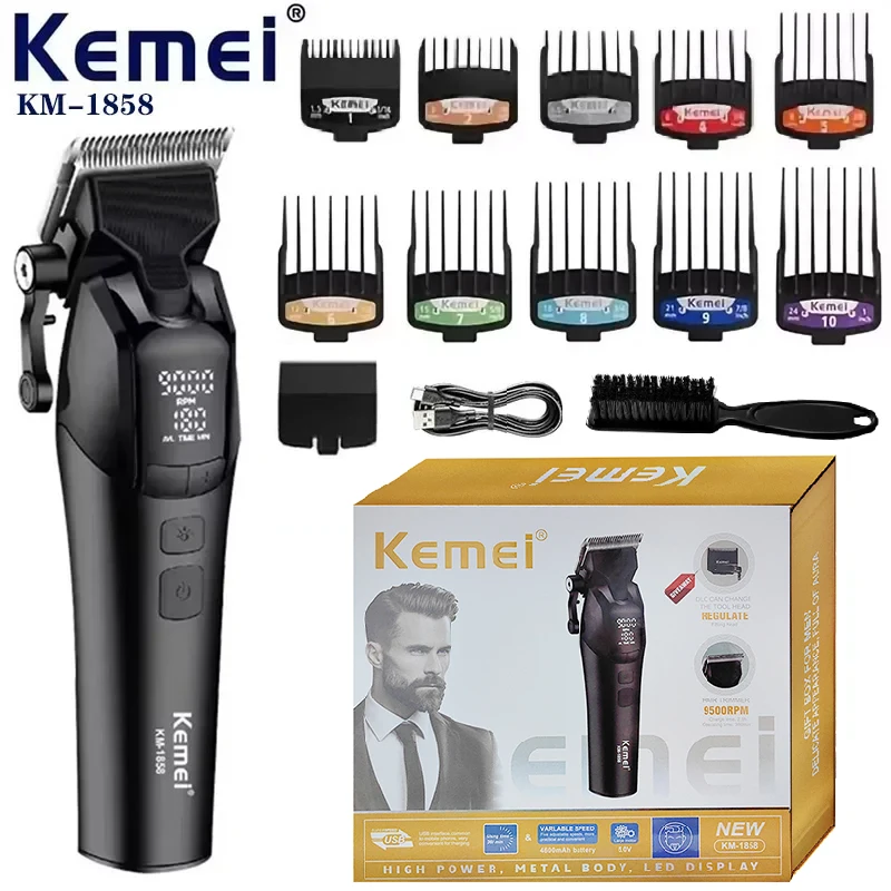 KEMEI 1858 DLC Blade Electric Hair Clipper Professional Barber Usb Rechargeable Hair Cutting Machine With Light