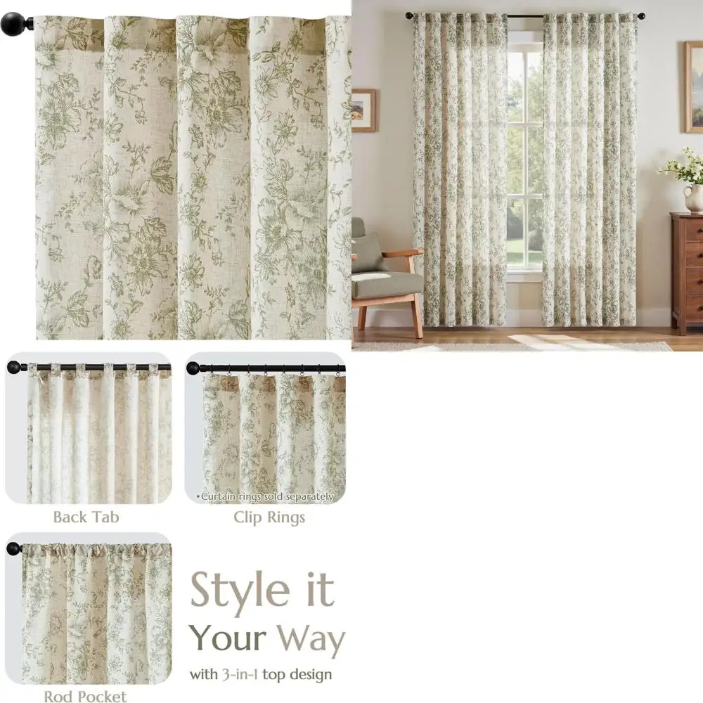 

Зеленые льняные шторы с цветочным узором, длина 84 дюйма, с рисунком пионов в стиле фермерского дома, комплект из 2 панелей