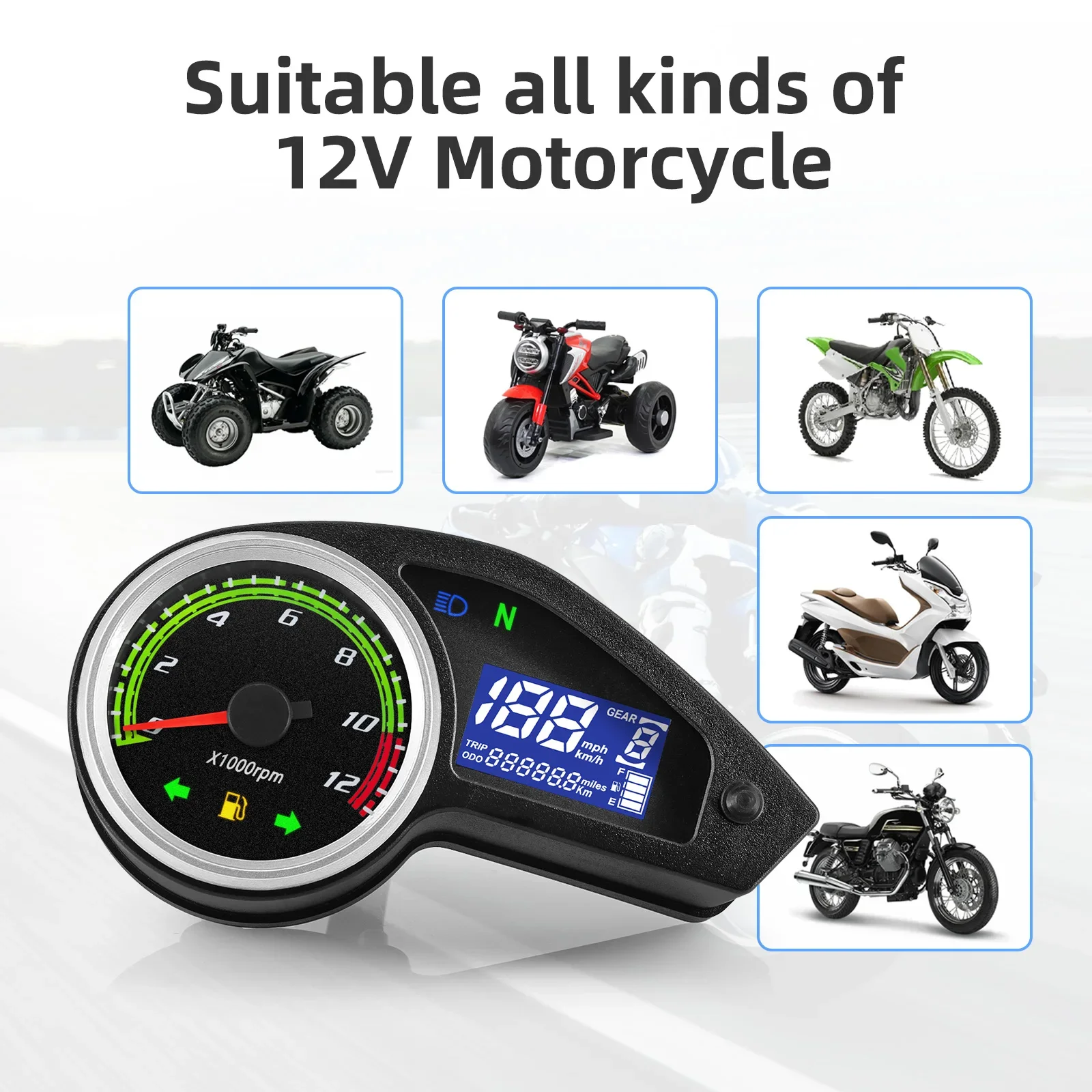 Motorcycle Digital Speedometer 12000RPM Taachometer Odometer LCD Digital Instrument with Fuel Gauge for 12v Motorcycle