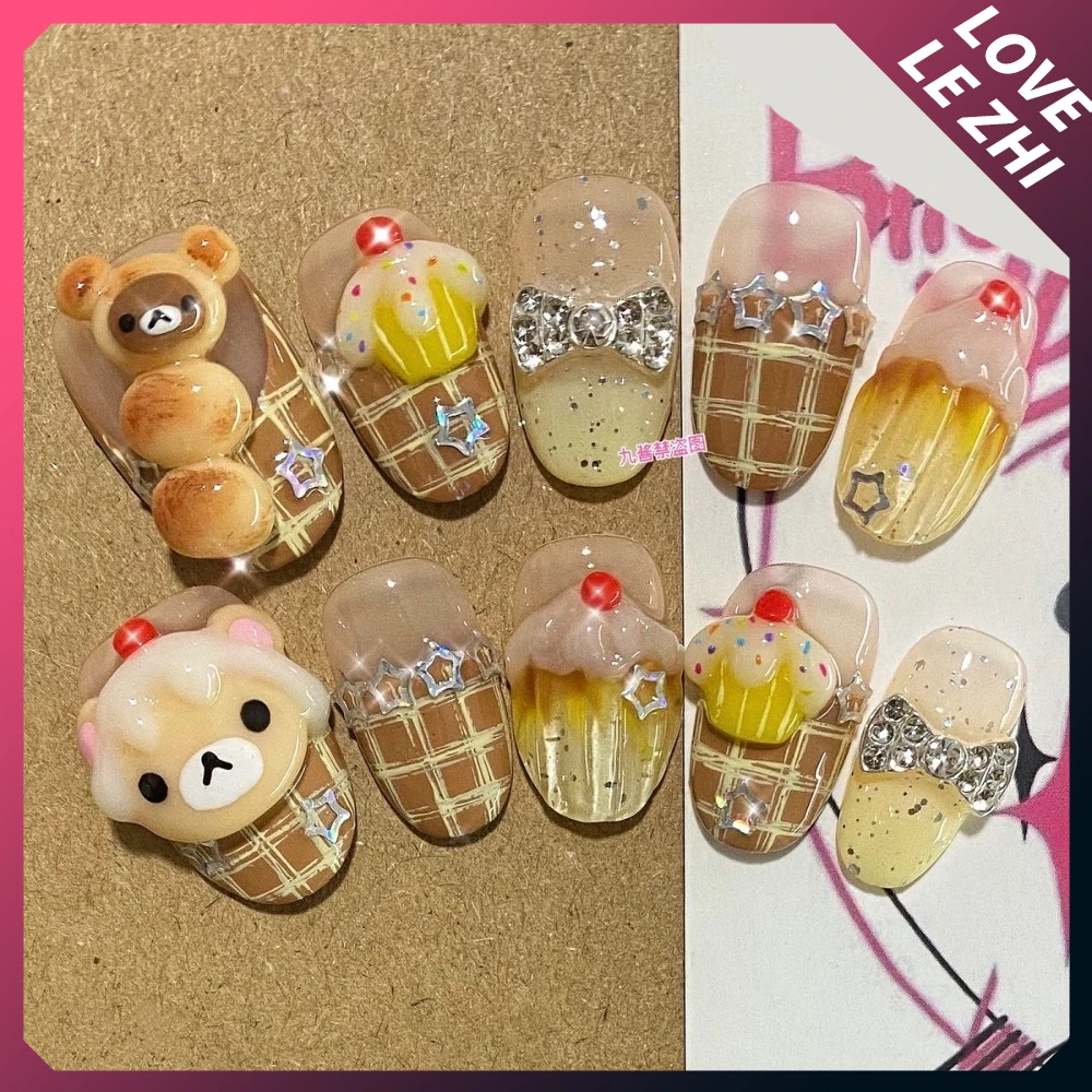 Y2K Spicy Girl Rilakkuma Handmade Long Square Press On Nail Shiny Diamond Sequins 3D Flower Bow Musical Notes Reusable Fake Nail