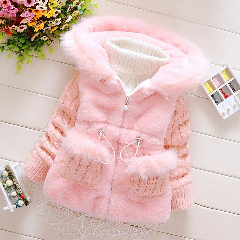 1 2 3 4 Years Old Winter Girls Jacket Plush Wool Splicing Plus Velvet Thickening Keep Warm Slim Outerwear Kids Windbreaker Coat