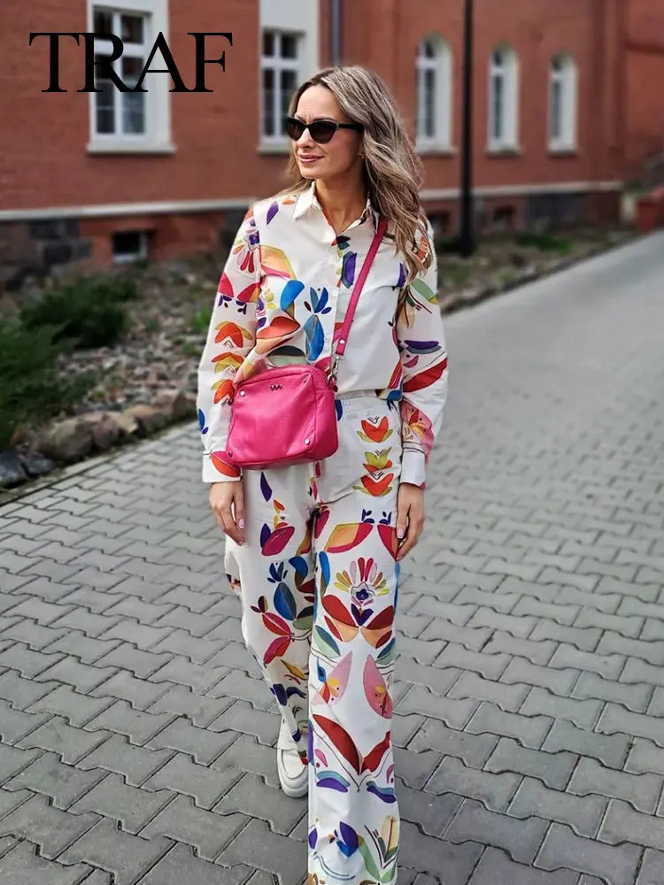 TRAF Spring Suit Woman Trendy Print Turn-Down Collar Long Sleeves Buttons Single Breasted Shirts+Elastic Wais Wide Leg Pants