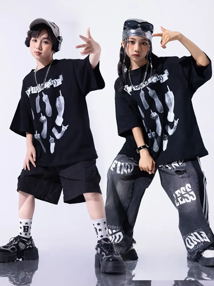 ملابس رقص هيب هوب مراهقة ، قمم فضفاضة لرقص الشوارع للأولاد ، سراويل بضائع سوداء ، زي أداء لموسيقى الجاز للفتيات