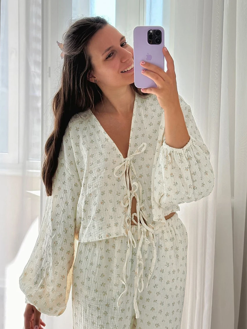 Martha qiqi Druck Frauen Nachtwäsche Anzug Langarm Pyjama V-Ausschnitt Nachthemd Ernte Top Nachtwäsche Hosen lässig Damen Home Kleidung