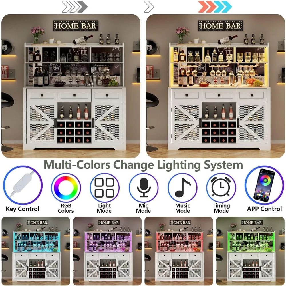 Kabinet Bar Anggur Rumah Pertanian dengan Lampu LED, Kabinet Bar Kopi Dapur dengan Cermin Akrilik, Rak Anggur & Kaca, Rak Penyimpanan a