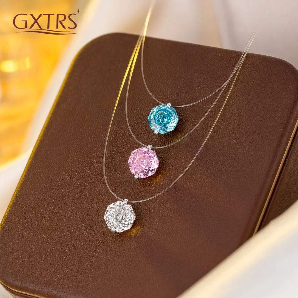 

GXTRS Fishing Line Colorful Zircon Necklaces Women S925 Silver Rose Cut High Carbon Diamond Clavicle Pendants Chain Fine Jewelry