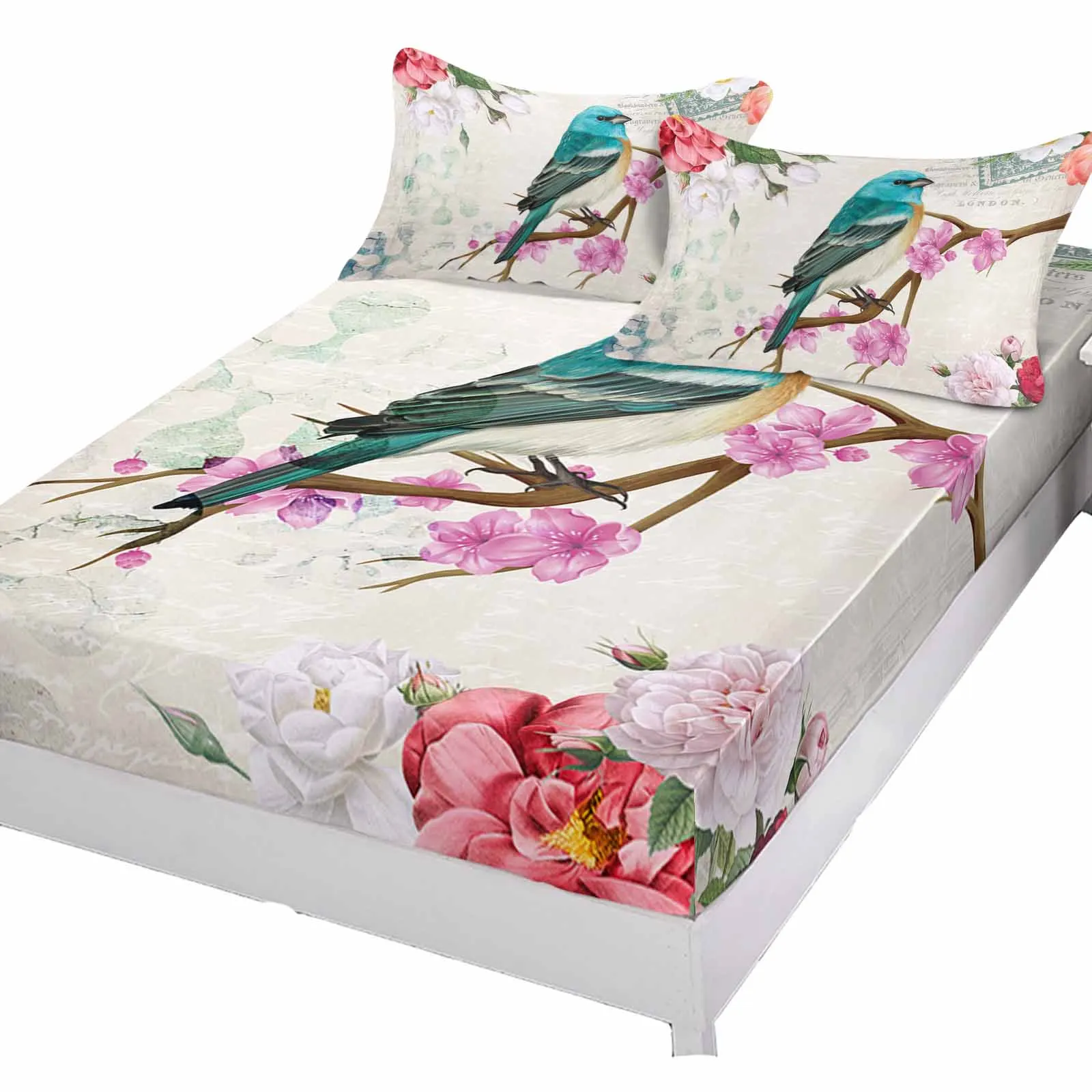 Vintage Flowers And Birds Polyester Fitted Sheet Mattress Cover Four Corners Elastic Band Bed Sheet Pilllowcase