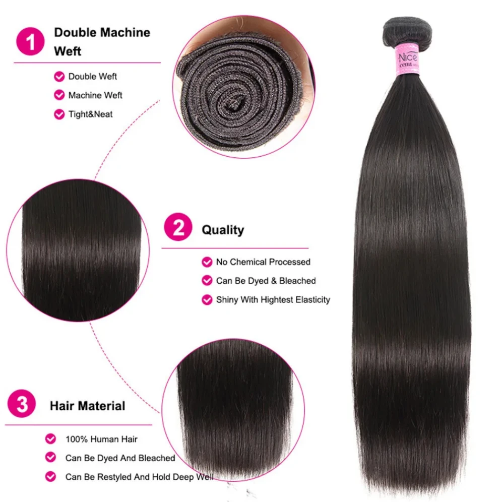 UNice Straight Hair Bundles 100% Human Hair 3  Bundles 8-30 Inches Natural Color Virgin Human Hair Extensions