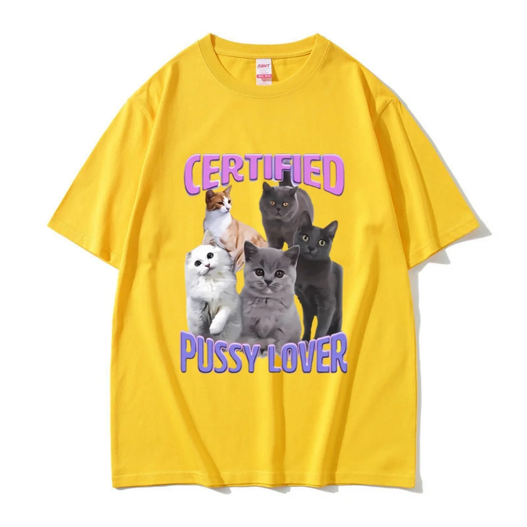 مضحك القط معتمد كس عاشق ميمي الجرافيك طباعة تي شيرت الصيف القطن الخالص تي شيرت رجالي ملابس الأطفال المحملة Y2k امرأة