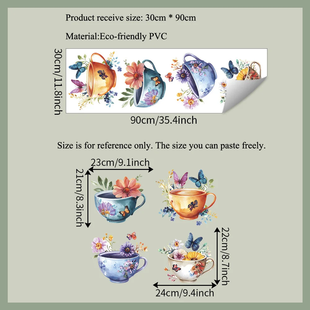 Creative Watercolor Exquisite Tea Cup Wall Sticker For Kitchen Restaurant Decoration Mural Room Background Home Decor Wallpaper