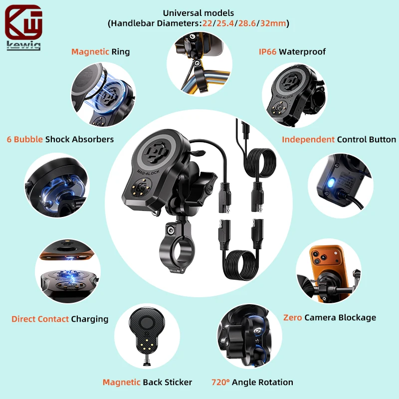 Kewig M37 Motorcycle Phone Holder 45W USB C Fast Charger Vibration Dampener Anti-Theft 720° Rotation 4-Lock Magnetic Phone Mount