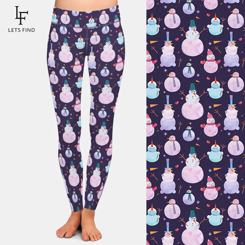 LETSFIND สตรีแฟชั่น Leggings 3D Snowmen พิมพ์สูงเอวสตรี Leggings ฤดูหนาว