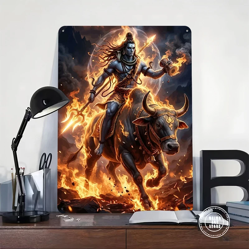 Lord Shiva Riding Nandi Through Flames Metal Poster Customized Wall Art Retro Vintage Metal Signs for Man Cave Room Ornaments
