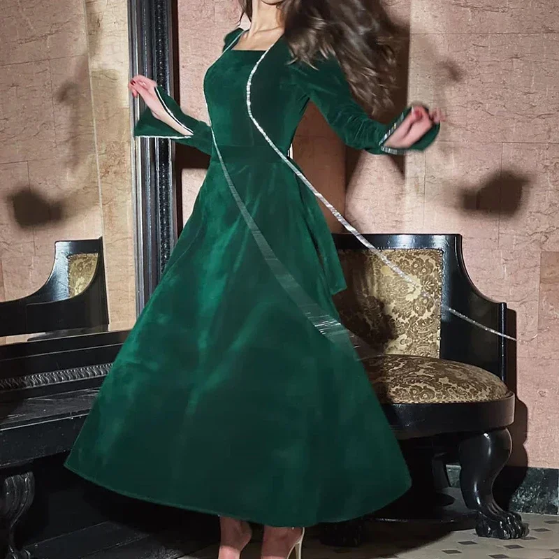 Vintage French Square Collar Long Dress Elegant Solid Flare Sleeve Party Dress Fashion Women Solid Velvet Slim Waist Maxi Dress