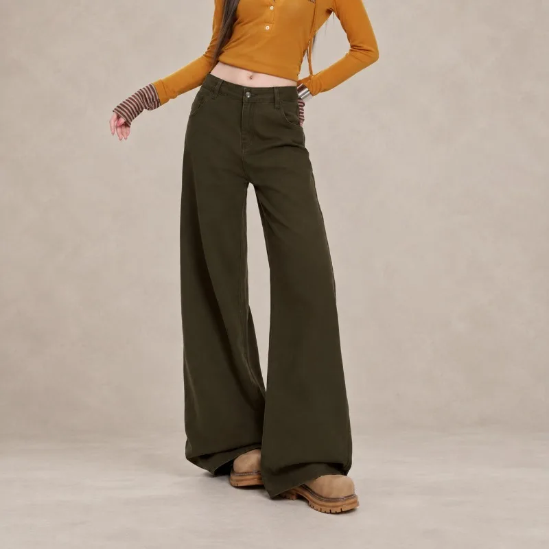 Women's High Waist Wide Leg Jeans Brown Casual Straight Denim Long Pants
