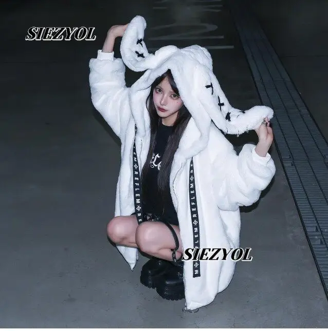 

Japanese Harajuku Style Rabbit Ear Hooded Fuzzy Coat Winter Versatile Sweet Girls Punk Loose Mid-length Plush Jacket