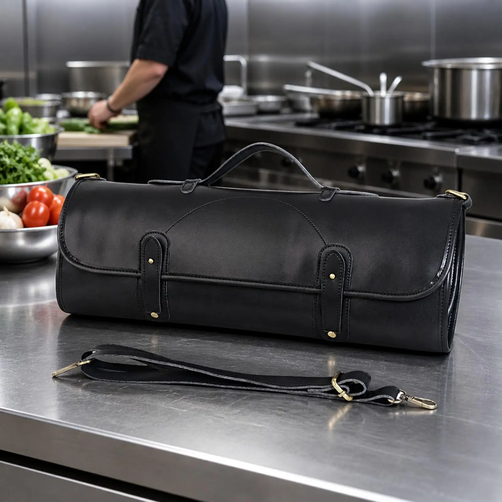 Knife Storage Bag for Chefs Industrial Roll Up Case PU Leather Knife Roll with Handle for Portable Culinary Work