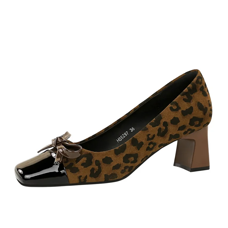 

Leopard print Women Pumps Suede Middle Heel shoes Sexy Mary Jane Shoes Rhinestone buckle Ladies Shoes Square head