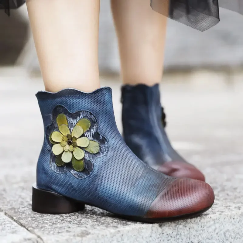 3cm Fashion Ankle Boots Appliques Flower Cow Genuine Leather Designer Luxury Flats  Authentic Elegance Women Spring Autumn Shoes