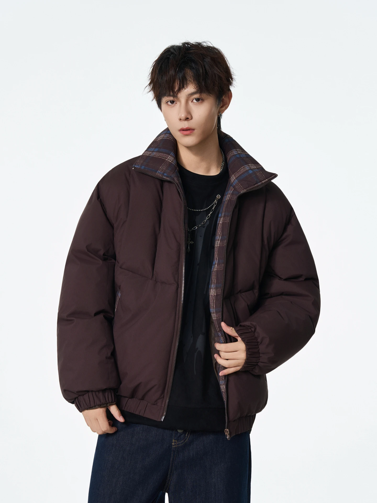 

Теплая мужская куртка в клетку с воротником-стойкой, на хлопковой подкладке, с флисовой подкладкой, на молнии, с длинными рукавами, повседневная