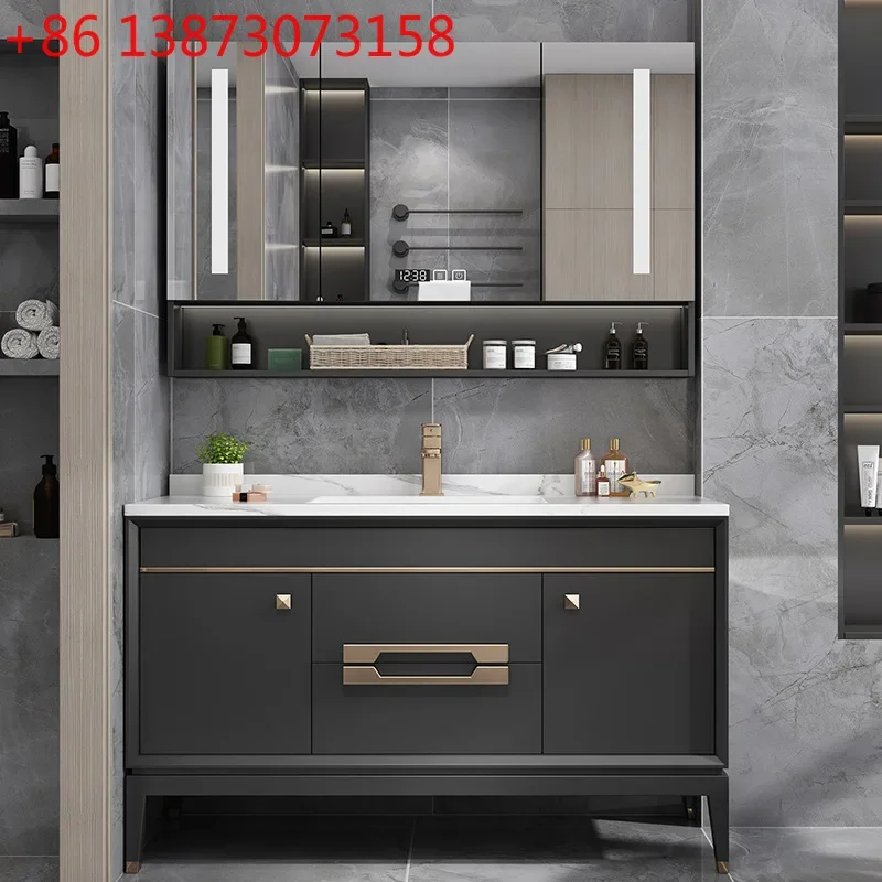 

Light luxury sintered stone integrated American-style solid wood oak bathroom cabinet combo for washbasin,