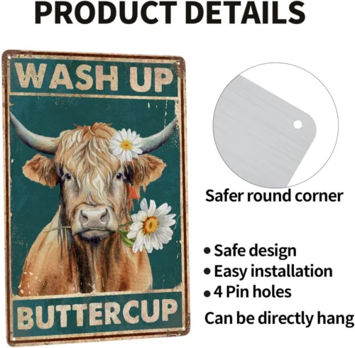 Highland Cow Vintage Metal Poster Wash up Buttercup Sign Decor-Retro Funny Cow W