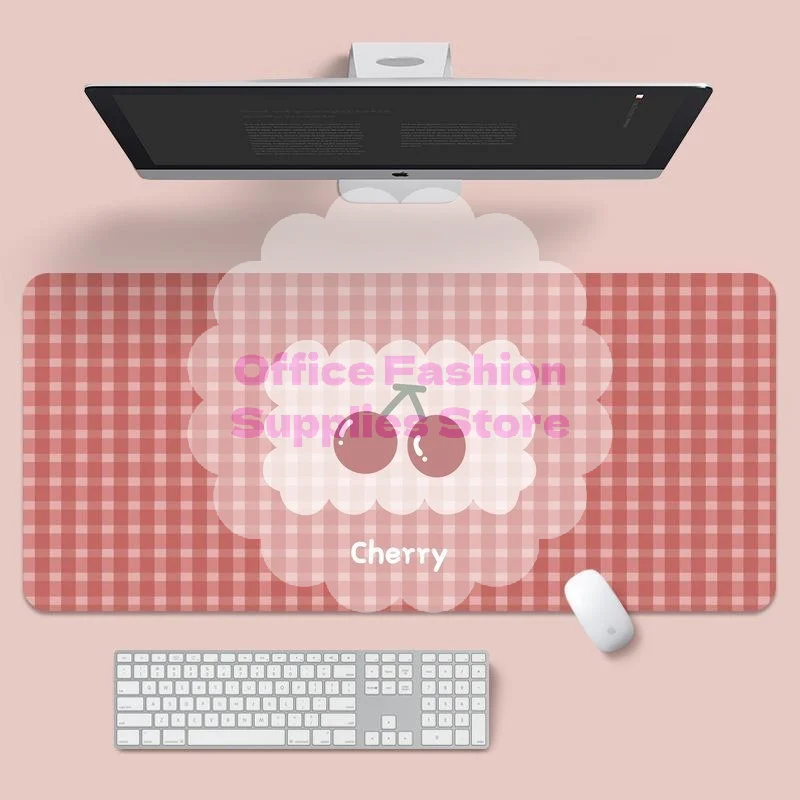Large Extended Desk Mat Cute Cherry Pink Plaid Print Nonslip Base For Home Office Gaming Use