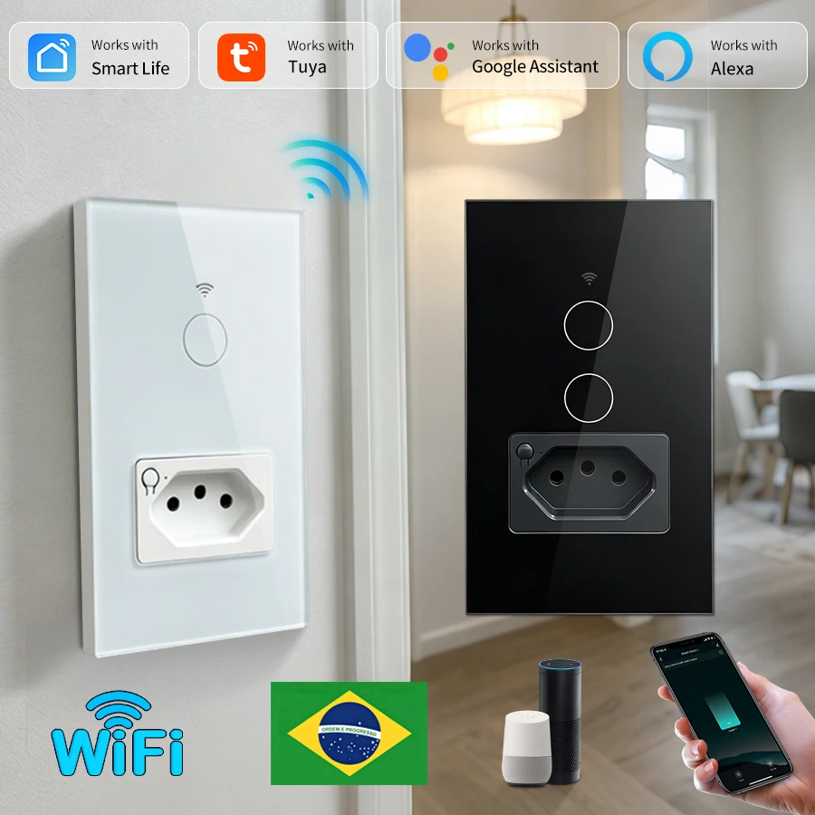 Brazil Standard Wall Socket Light Switch Tuya WiFi Smart 10A AC Touch Sensors Work with Smart Life App Alexa Google Home Outlets