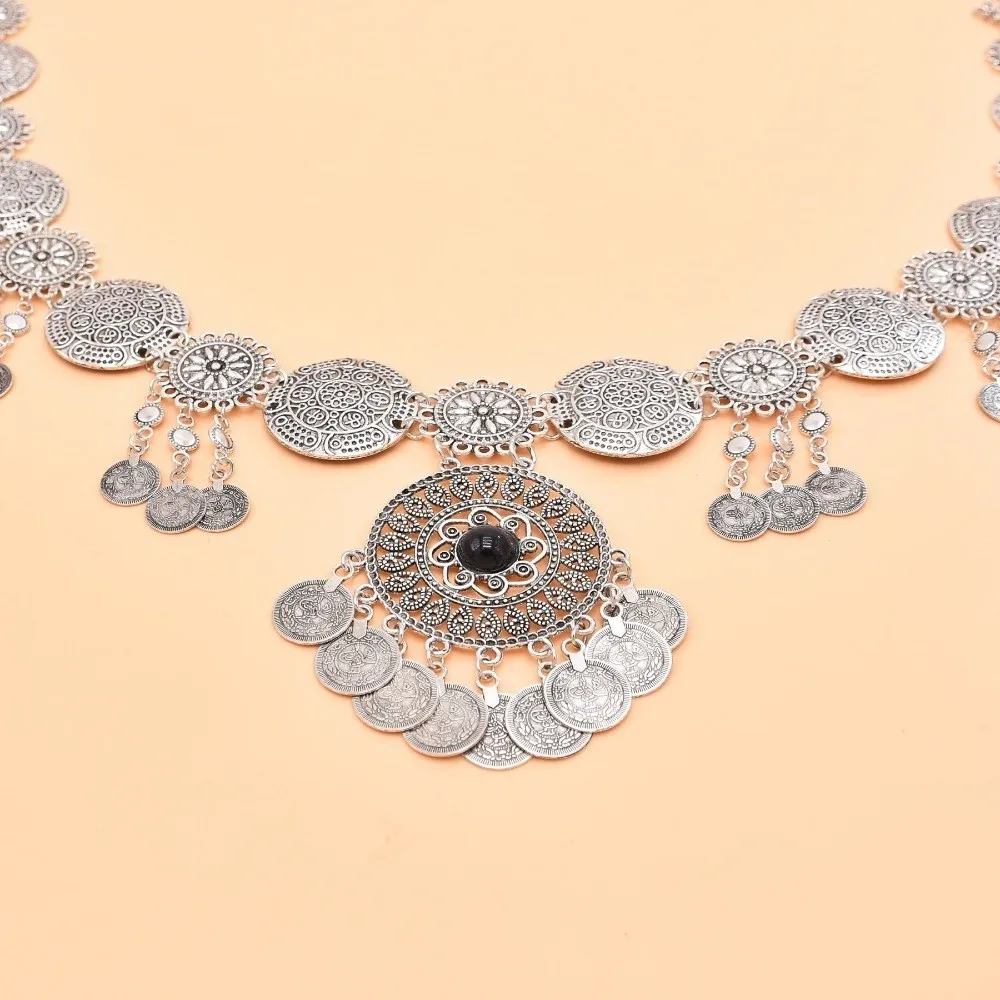 Retro Vintage Münzgürtel mit langen Quasten, Bauchtanzgürtel, gold-silberfarben, geschnitzte Blumen, Körperkette im Ethno-Stil – Detail 8