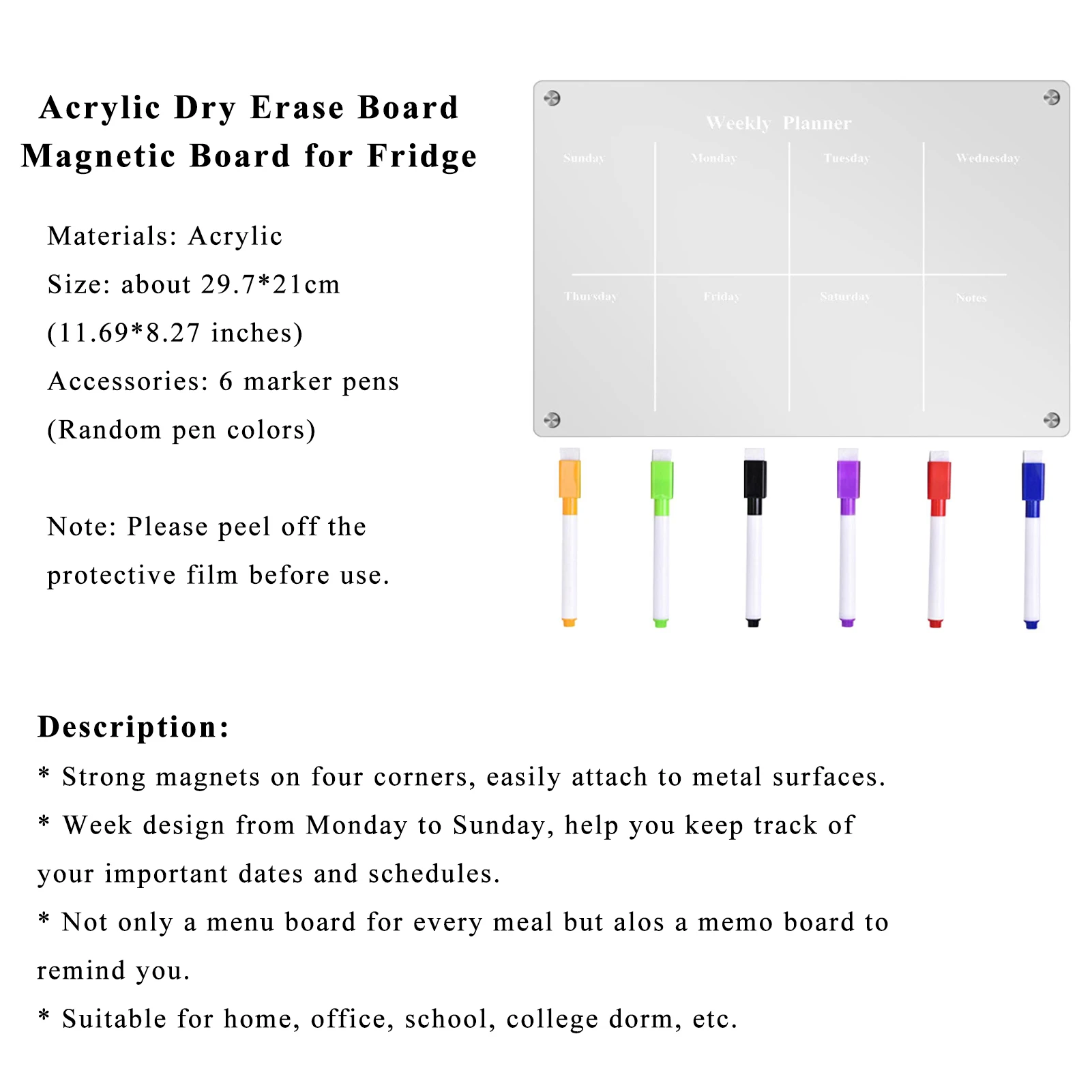 Acrylic Magnetic Board For Fridge Blank Calendar Memo Board Dry Erase Calendar 6 Markers & Eraser To-do List Message Plan Remind