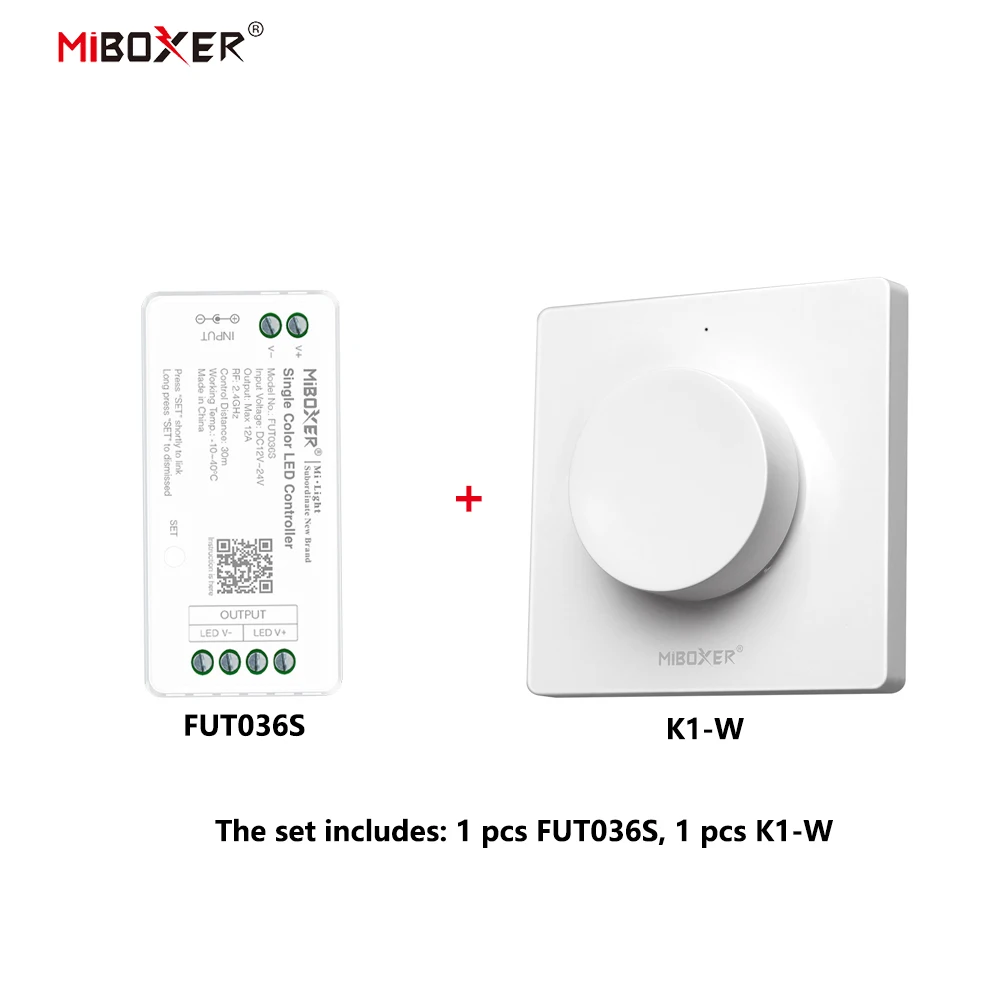 MiBoxer DC12~24V FUT036S+K1/Y1 2.4GHzRF Wireless Single Color 12A/Channel LED Controller For Single Color COB/Led Strip Light