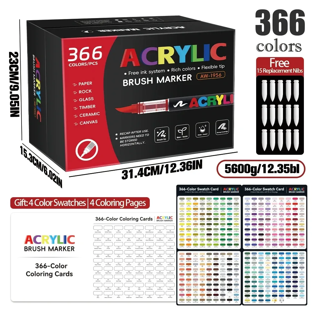 12/320/366 Colors Soft Brush Acrylic Marker Set, Liquid Ink Pens for Anime Drawing, Stone Glass Wood DIY Painting & Art Gifts