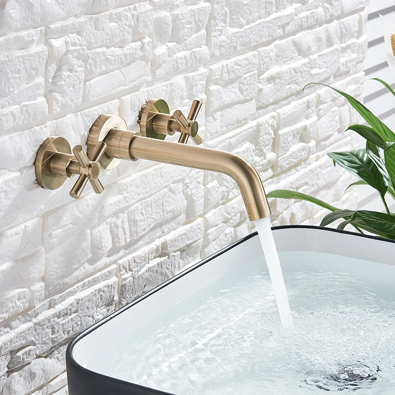 Dual Handle Rotate Spout Bathroom Vessel Sink Brushed Golden Wall Mounted Basin Faucet  Mixers Hot Cold Water Tap
