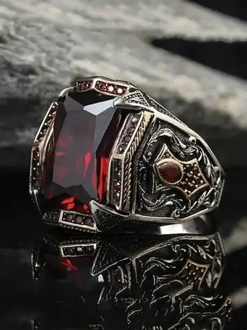 Vintage Handmade Turkish Signet Ring For Men Women Ancient Silver Color Carved Ring Red Yellow Zircon Inlay Punk Motor Biker