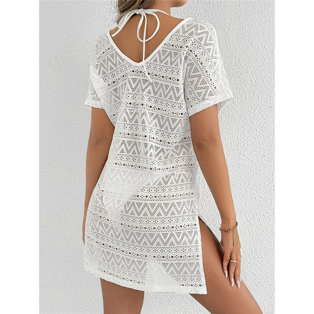 S - XL, V-Ausschnitt, kurze Ärmel, ausgestelltes, gestricktes Tunika-Oberteil, Strandkleid, Strandmode, Damen, V8214 – Detail 8