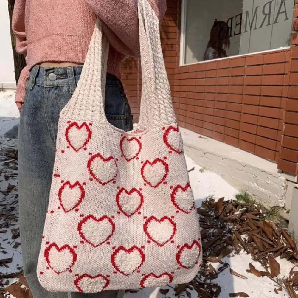 Color Blocking Knitted Love Handbag Shopping Bag Mommy Bag Crochet Tote Bag Underarm Bag Large Capacity Love Shoulder Bag Travel