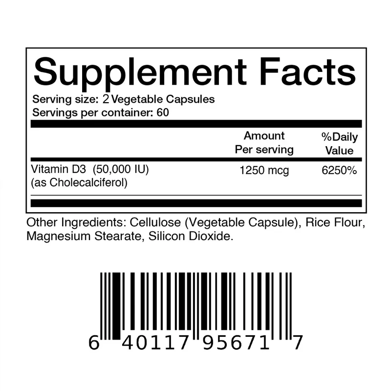 Vitamin D3 50000IU - Calcium Absorption, Strengthen Bones and Teeth, Support Heart and Nervous System Health, Immune Support