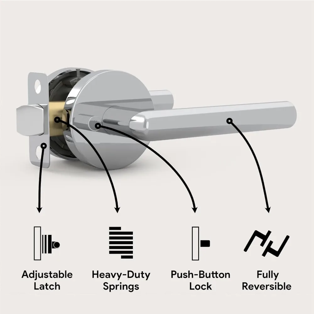 Reversible Chrome Privacy Door Handles - Heavy Duty 2-Pack for Bed and Bath, Suitable for Durable Use