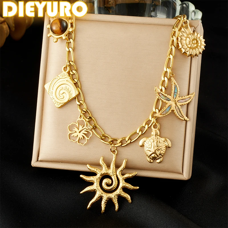 

DIEYURO 316L Stainless Steel Golden Sun Totem Starfish Turtle Conch Flower Necklace Women New Waterproof Neck Chain Jewelry