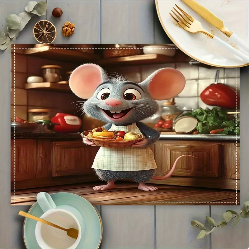 Cute Mouse Chef Linen Placemat Cartoon Rat Coffee Beans Table Mat Heat Resistant Coaster Dining Bowl Pad Kitchen Decoration