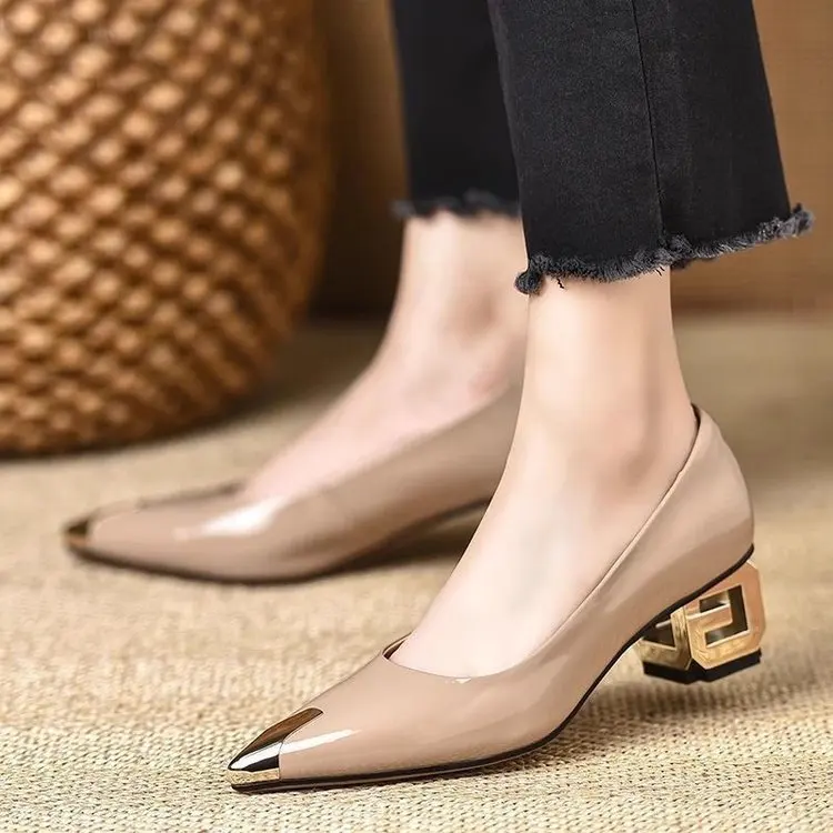 Women's Low-cut Shoes 2025 Spring and Autumn Fashion Low-heeled Pumps Classic Metal Toe Pointed High-heeled Office Shoes. image 2