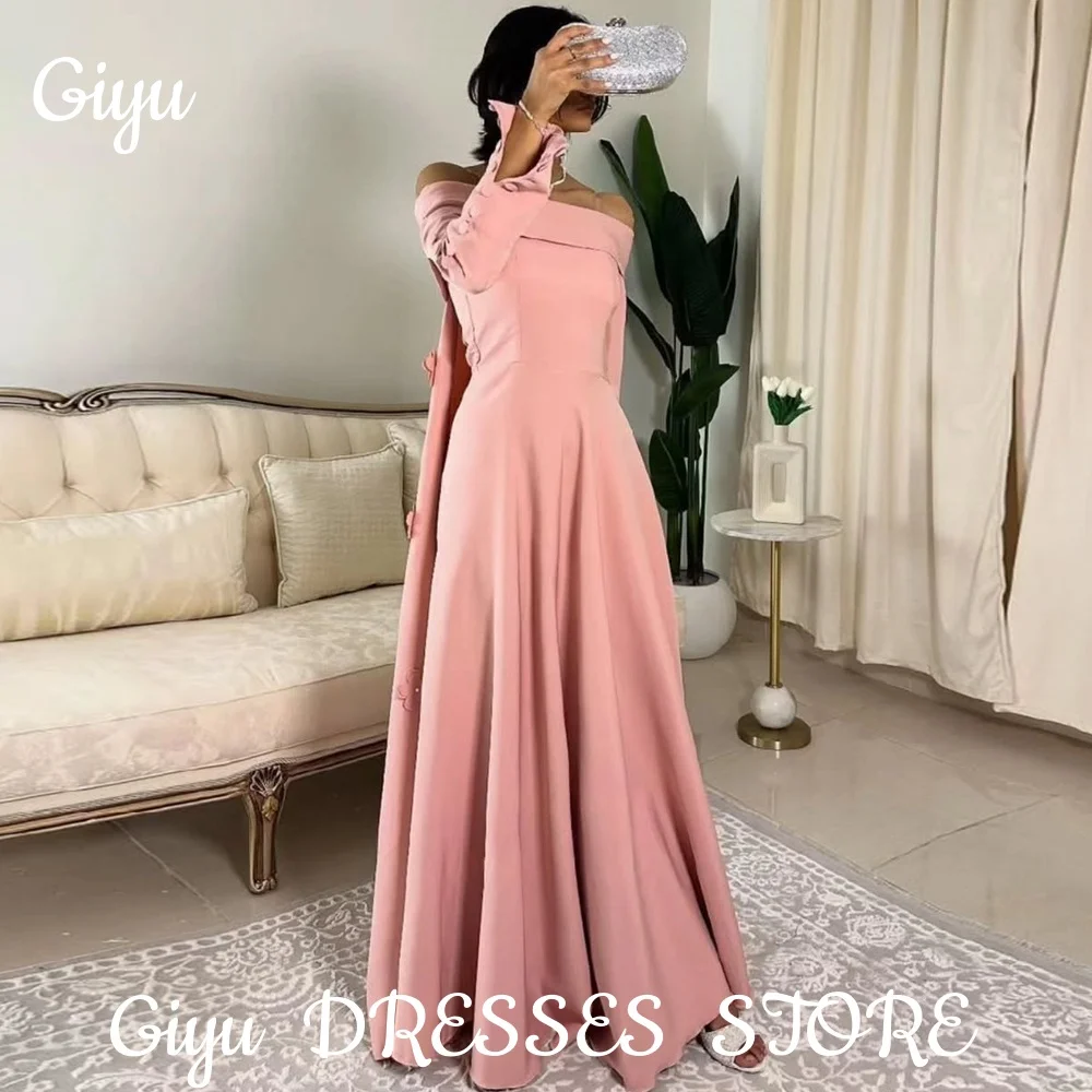 

Giyu Elegant Pink Evening Dresses Saudi Arabic Dubai Flower Off Shoulder Strapless Long Sleeve Prom Gowns Formal Occasion Dress