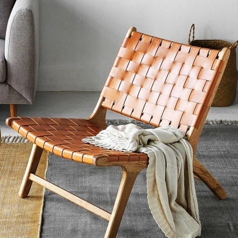 Balcony rattan leisure recliner single sofa solid wood woven chair