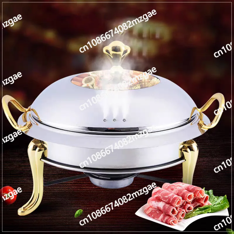 Dish Stainless Steel Cooking Round Buffet Warmer Tray Durable Frame with Lid Fuel Holder Cookware Set