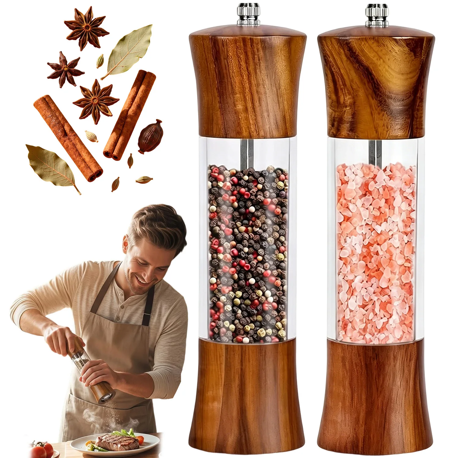 Pfeffermühle, manuelle Gewürzmühle aus Holz, tragbares Handwerkzeug zum Kochen in der Küche, zum Mahlen von Salz und Pfeffer, 2 Stück