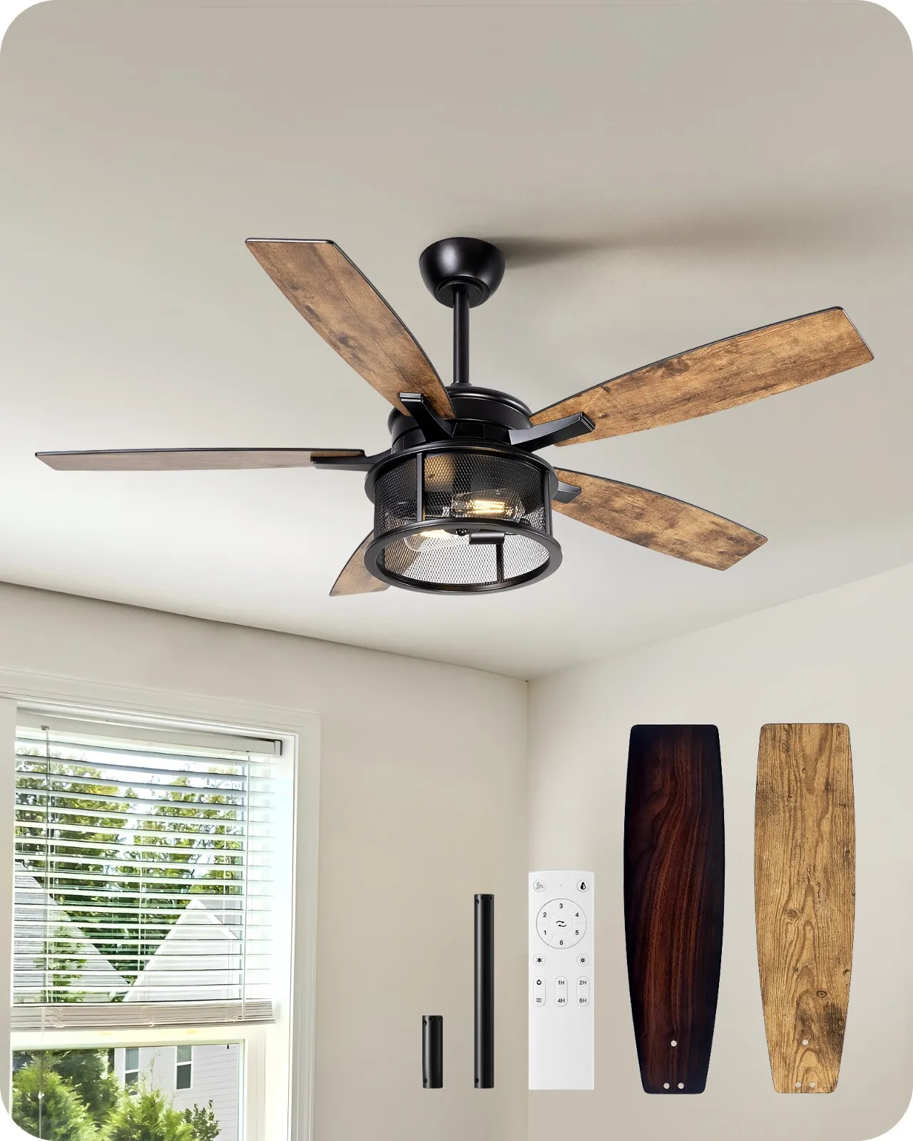 

Rustic Ceiling Fan with Light and Remote, 5 Wooden Blades Lighting Time