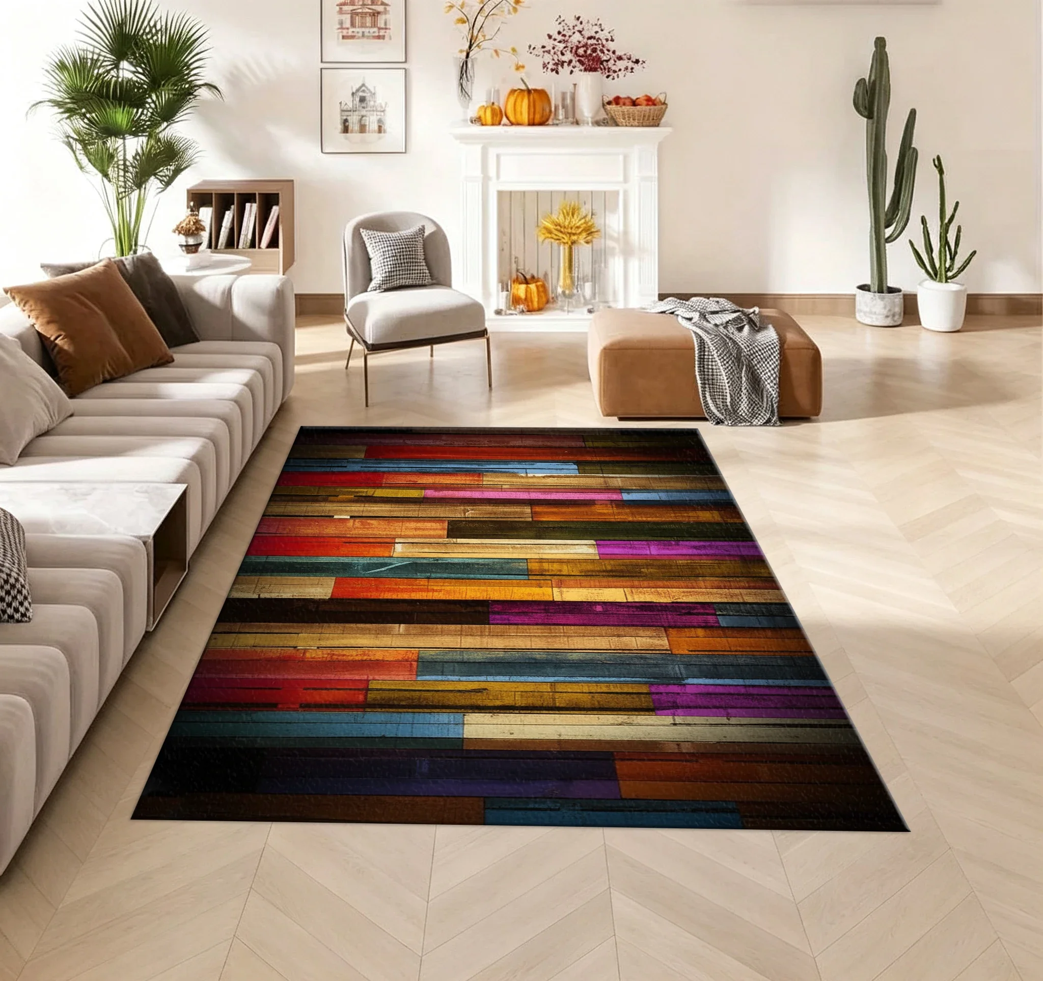 Colorful Wood Grain Style Carpet Flooring Bohemian Large Area Rug for Living Room Game Room Indoor Home Decor