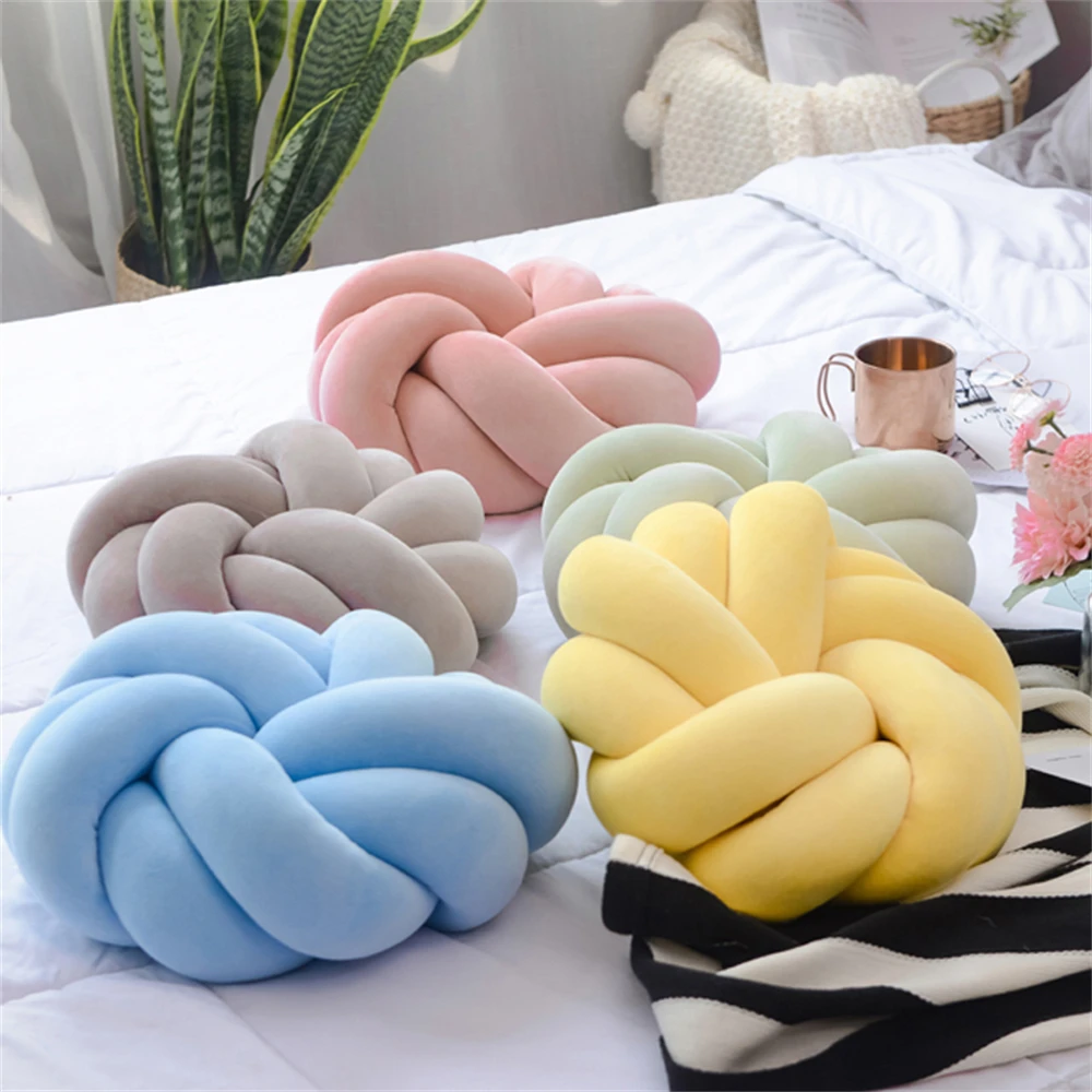 Soft Hand Knot Ball Pillows Solid Color Cushion Creative Round Back Cushion Home Decoration Car Office Chair Lumbar Throw Pillow