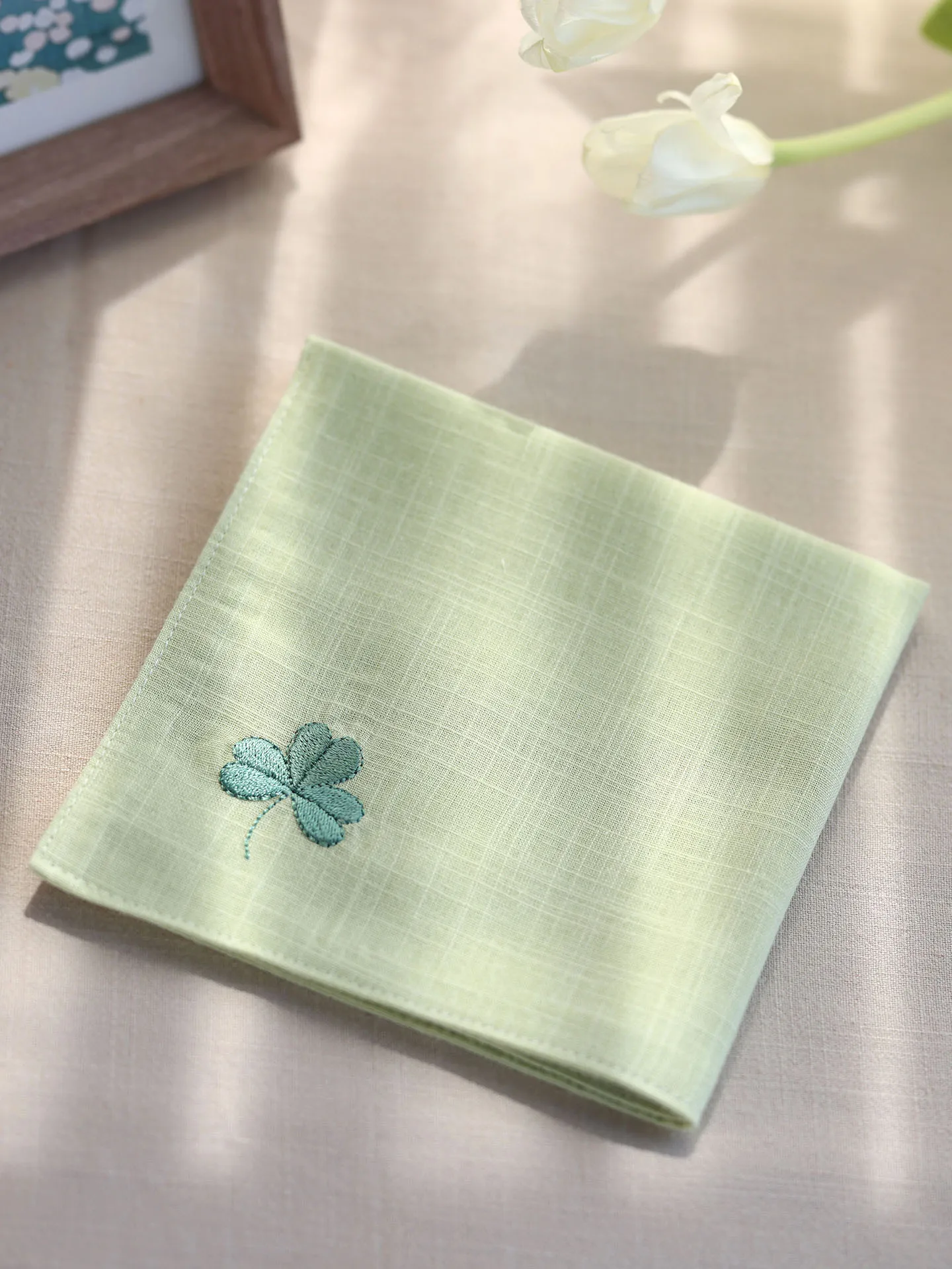 Chinese Style Hanfu Accessory Embroidery Clover Cotton Handkerchief Retro Portable Square Towel For Sweat Wiping Light Pink Turq